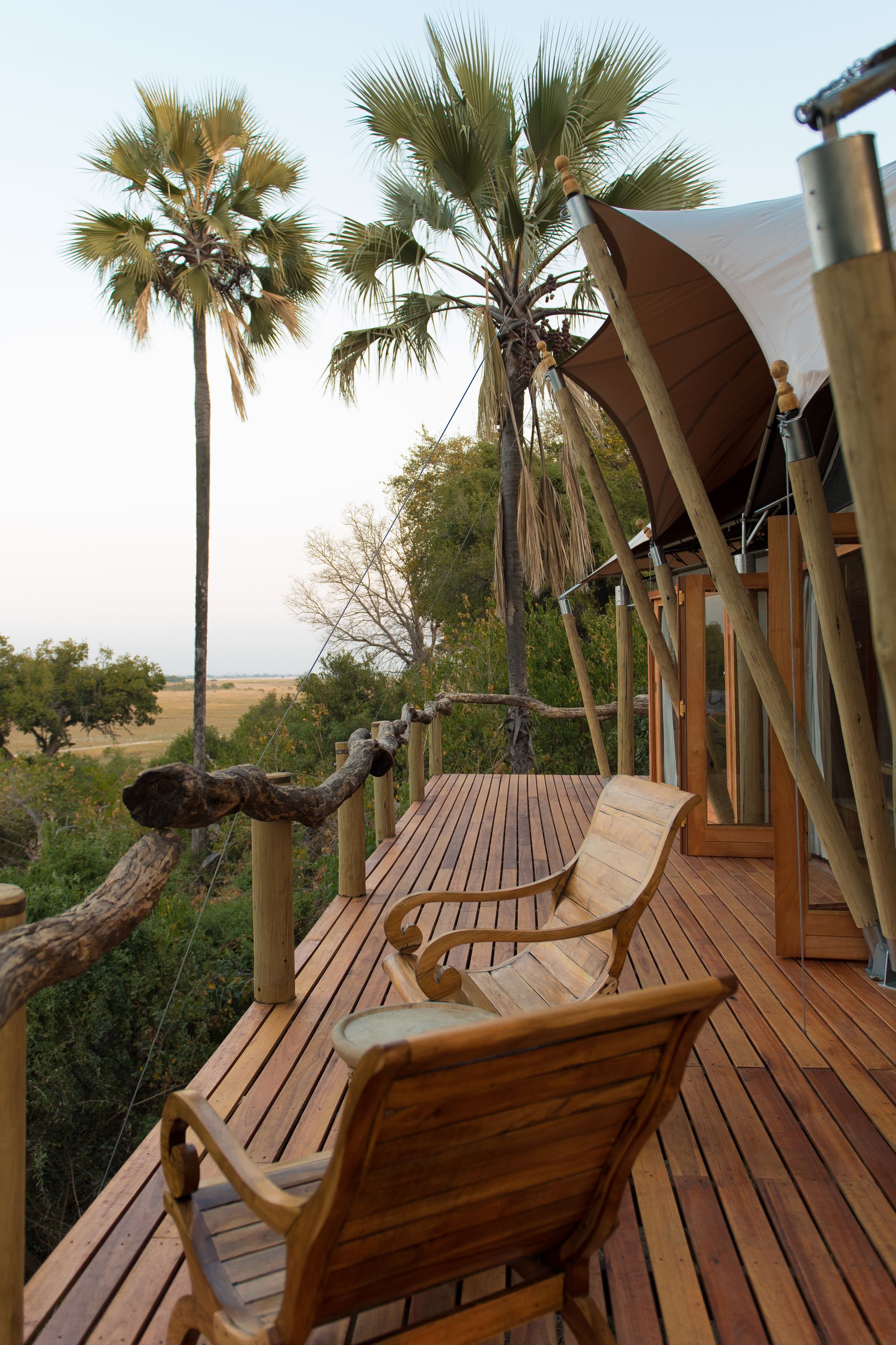 Eco-lodge terrace overlooking open countryside